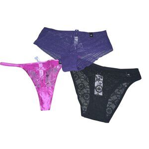 Etam Womens Lace Panty Set XS 3-Pack Floral & Sheer Design Black Hot Pink Purple